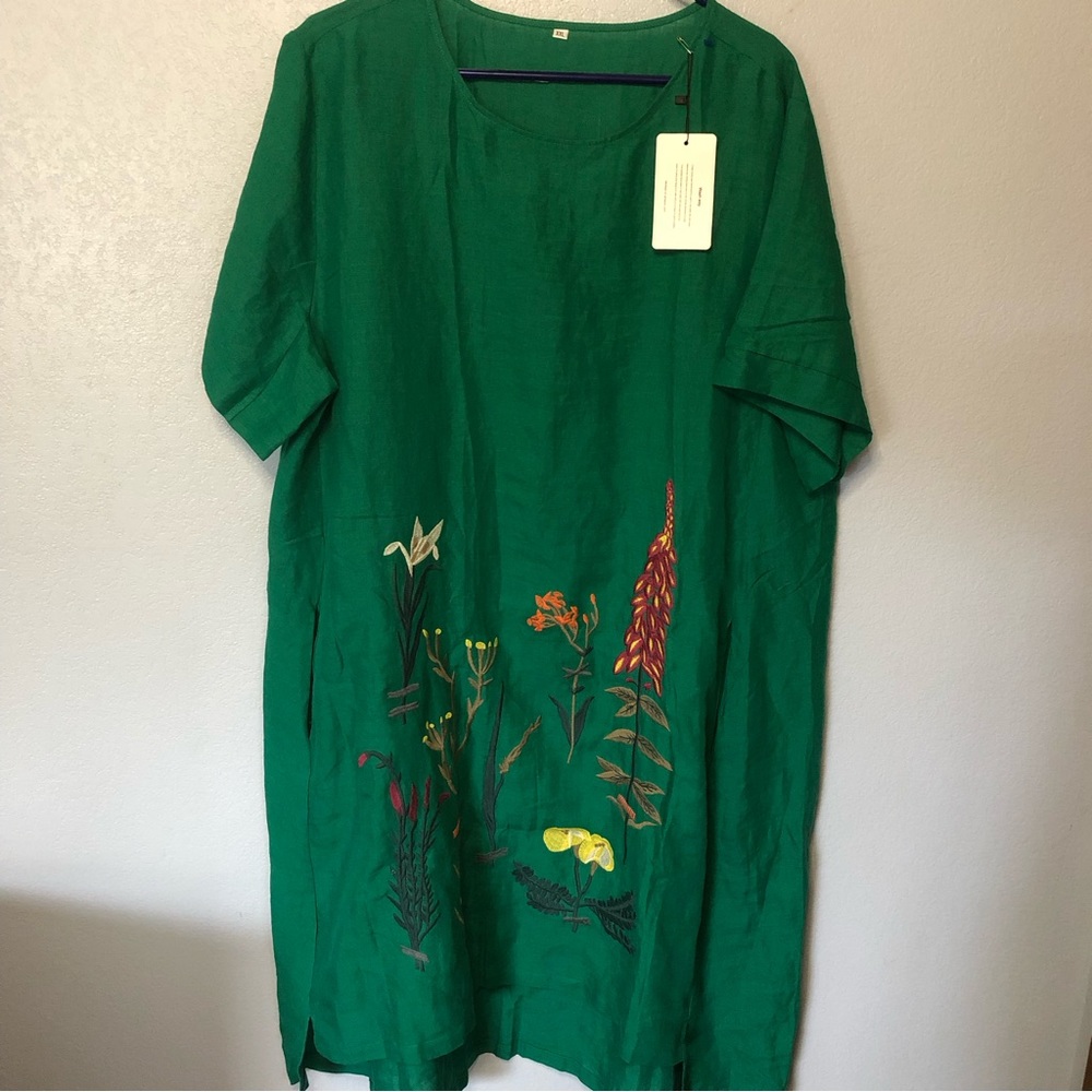 Minibee Linen Embroidered Floral Summer A-Line Hi Low 2XL Dress Tunic Pockets